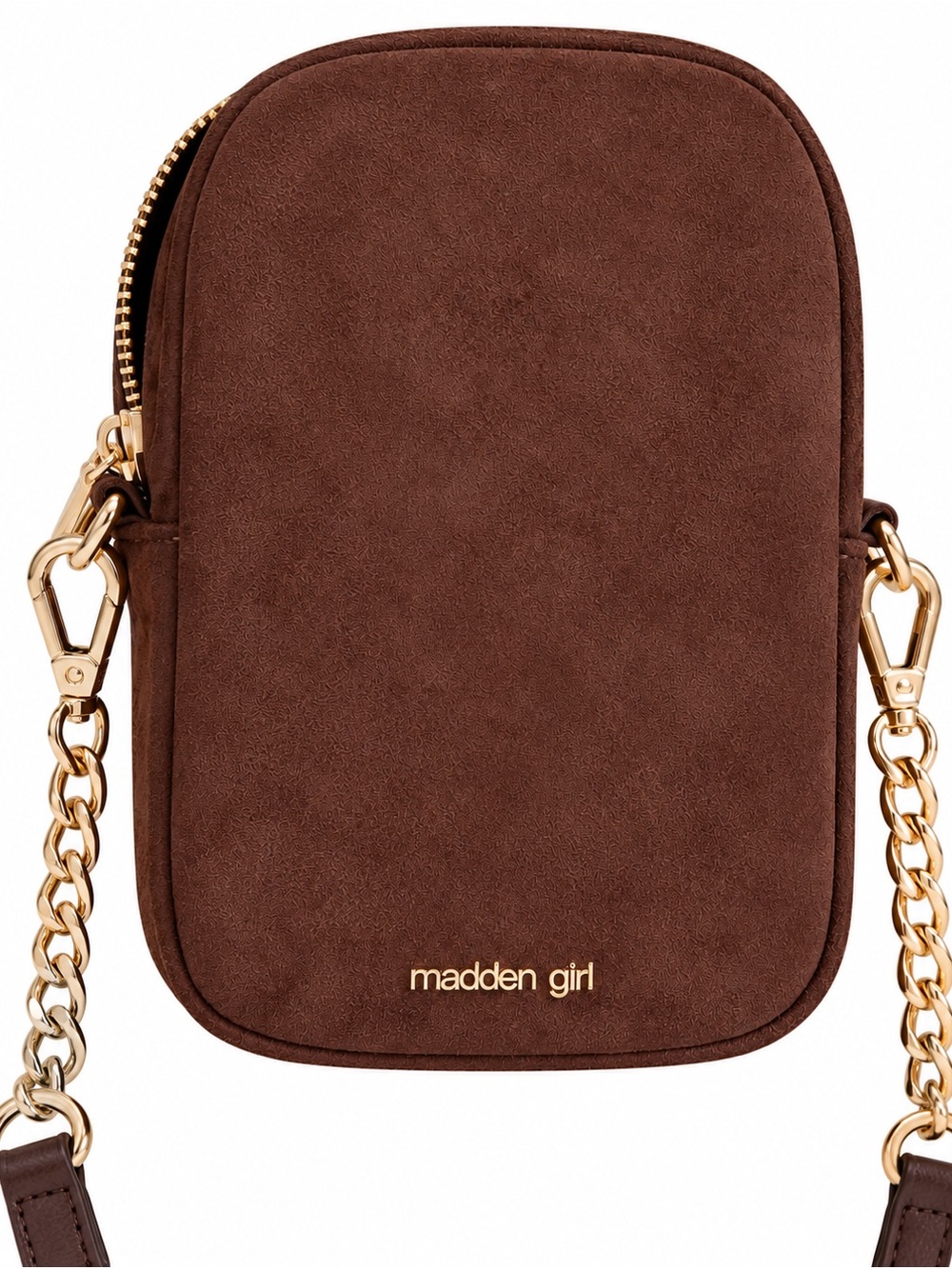 Madden Girl Dark Brown Suede Crossbody Phone Bag with Gold Chain Strap